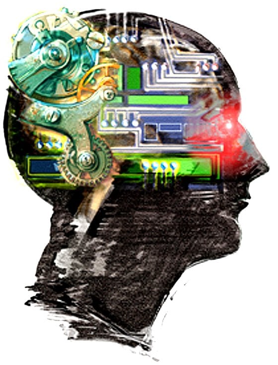 Drawing of a human head with gears and computer parts on it.