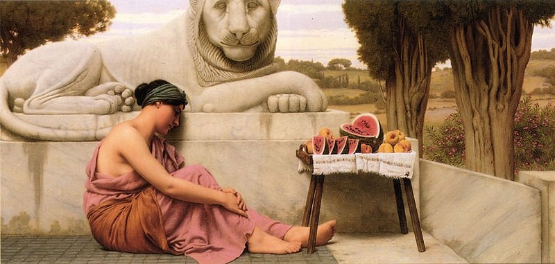 The image is The Fruit Vendor by painter J W Godward. The image shows a woman sleeping next to a statue of a lion and a table of fruit.