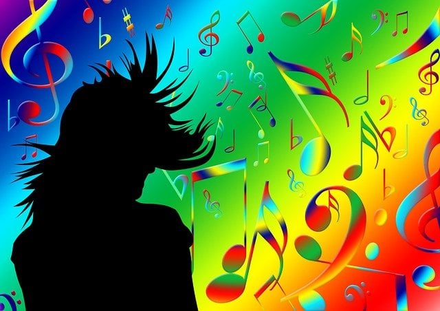 The image shows a silhouette of a person surrounded by colorful music notes.