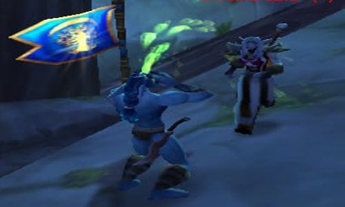 The image shows Nanotroll capturing the flag in Warsong Gulch, World of Warcraft.