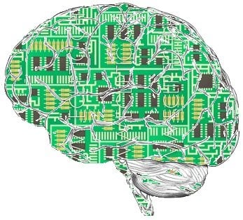 The image shows a brain made up of computer chips.