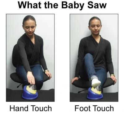 These photographs show the experimental setup for the Observe-Hand and Observe-Foot groups.