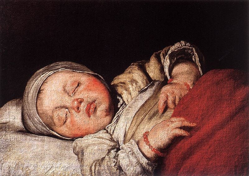 This is a painting of a sleeping child.