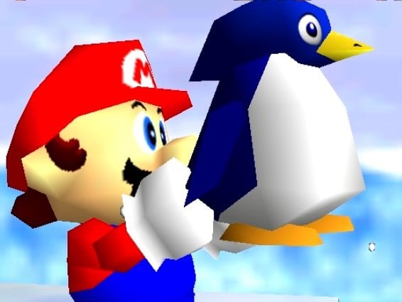 The image shows super mario holding a penguin.