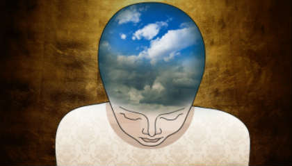 This illustration shows a human head with clouds.