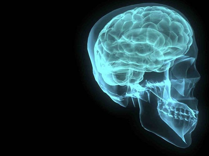 This image shows a human head in blue with a neon brain.