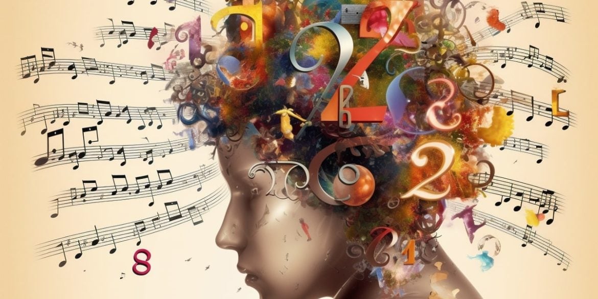 This shows a head surrounded by numbers and musical notes.