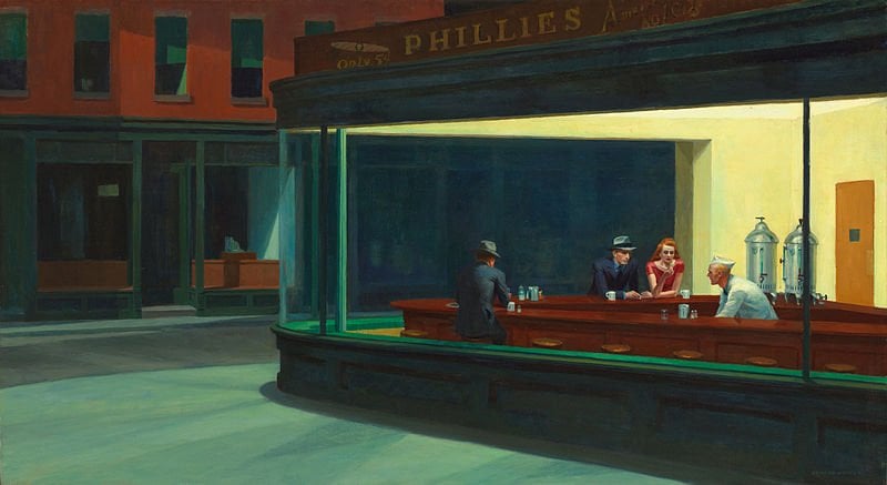 This image is the famous Nighthawks painting by Edward Hopper, circa 1942.