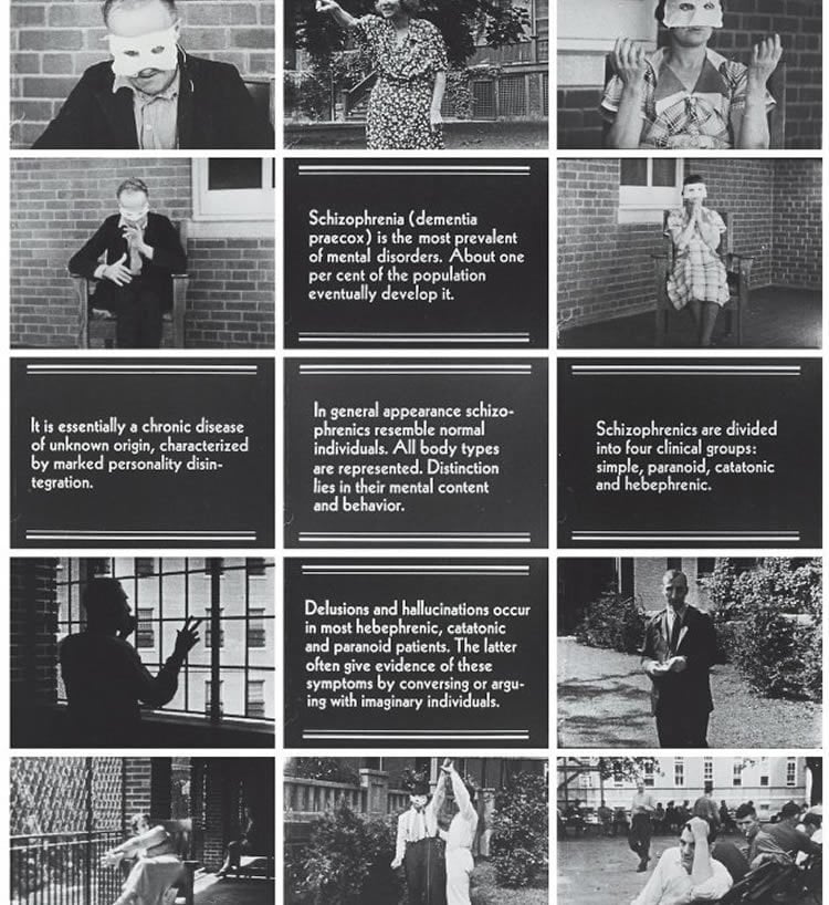 The image shows 15 frames from the silent movie "Symptoms of Schizophrenia", circa 1940.