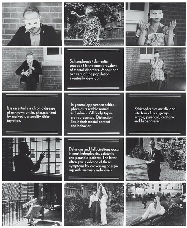 The image shows 15 frames from the silent movie "Symptoms of Schizophrenia", circa 1940.