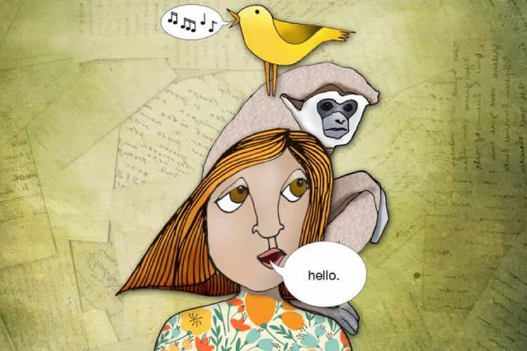 The image shows a bird, a monkey and a girl.