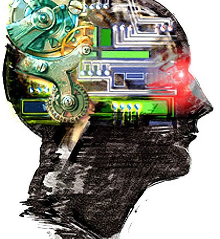 This image is a representation of AI. It shows a head with computer parts inside.