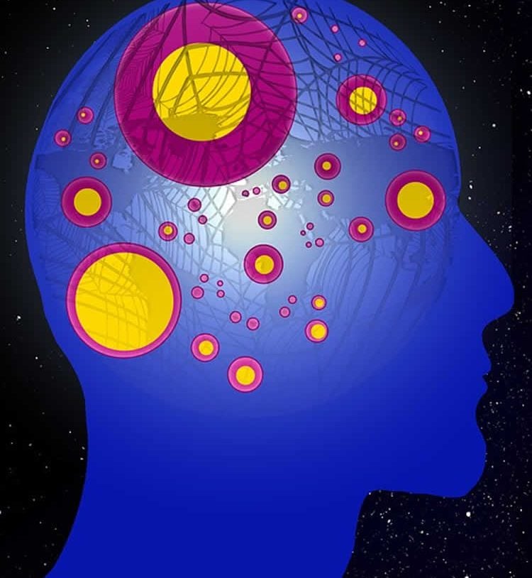 The image shows a head against a black background. The head is colored blue and has brightly colored circles in place of the brain.