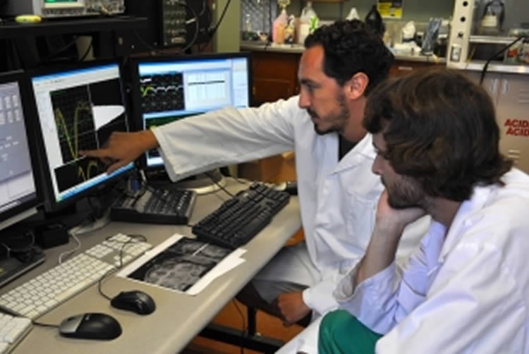 The image shows two of the researchers analysing the data on a computer.