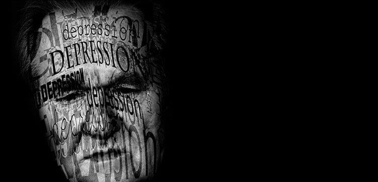 This image shows a black and white picture of a man's face. The word depression is written on it.