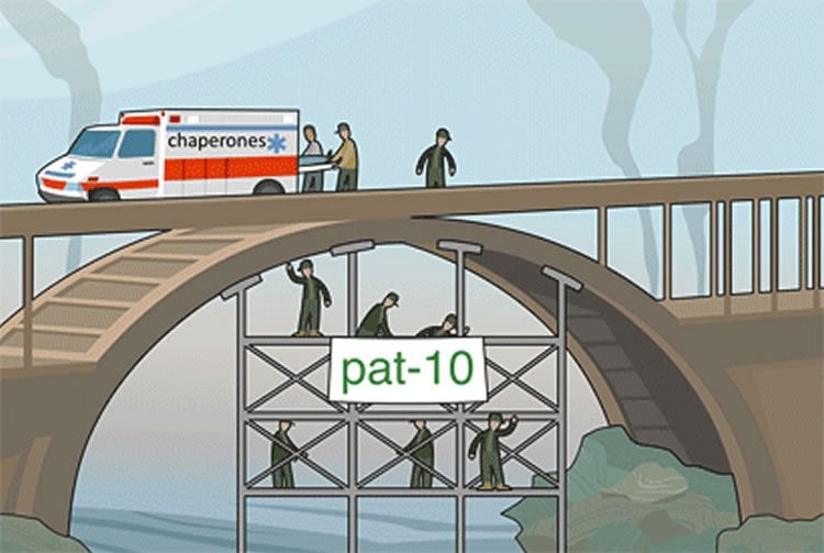 This image shows a cartoon of people mending a bridge and an ambulance with the word Chaperones on the side.