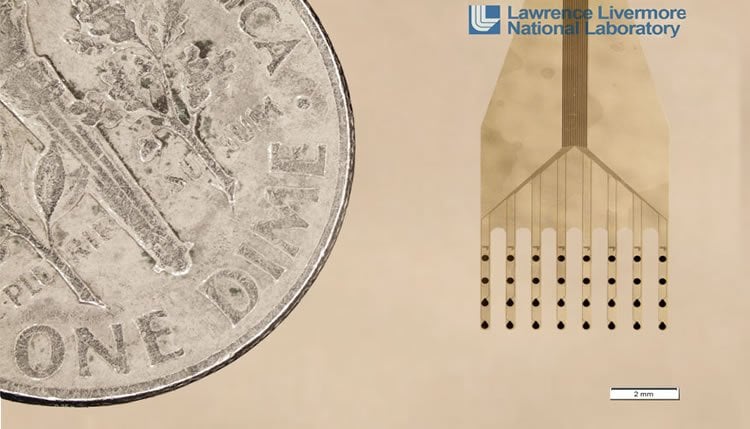 This image shows the electrode next to a dime coin.