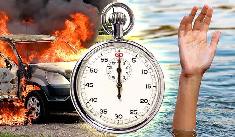 This image shows a burning car, a stop clock and an arm coming out of water.