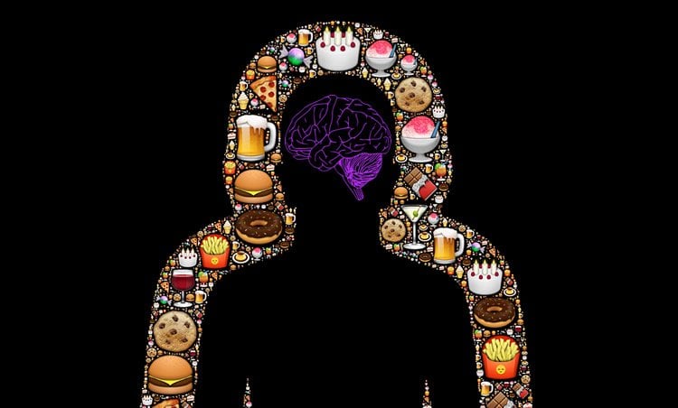This image shows the outline of a person surrounded by fast food icons. In the head space is the outline of a brain in purple.