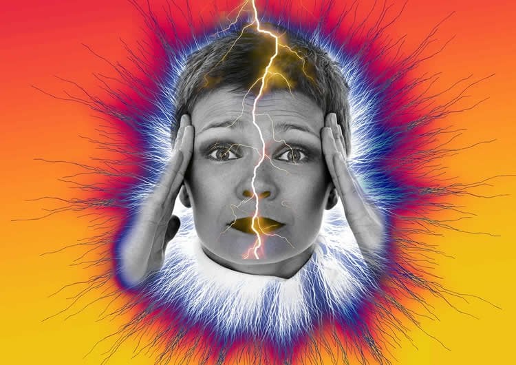 This image shows a woman holding her head in pain. There is a bolt of lightening running down her face.