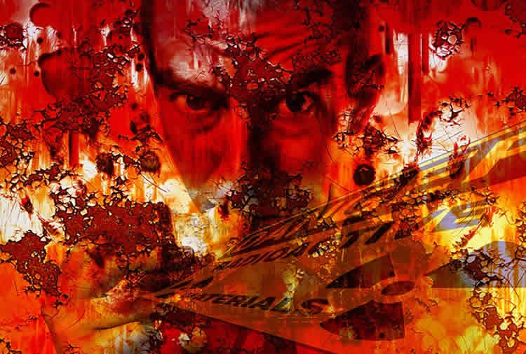 This image shows a man's face in red with fearful images accompanying.