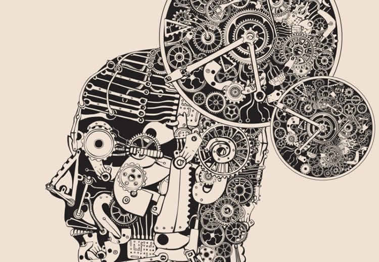 This image shows a drawning of a human head with cog wheel and other clock parts inside of it.