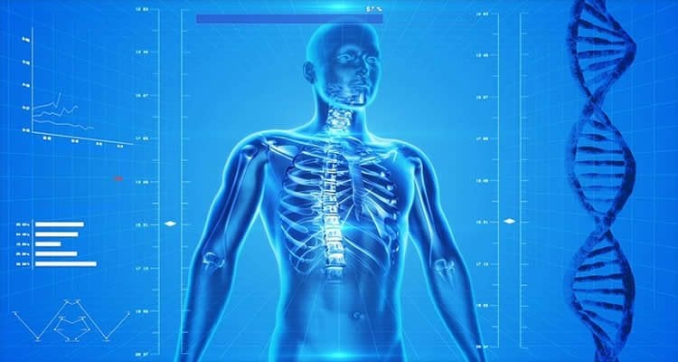 The image shows the outline of a man and a DNA strand.