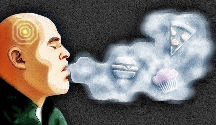 The illustration shows a man exhaling smoke. Inside the smoke are images of food.