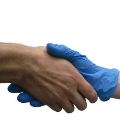 This shows people shaking hands. One has a blue rubber glove on.