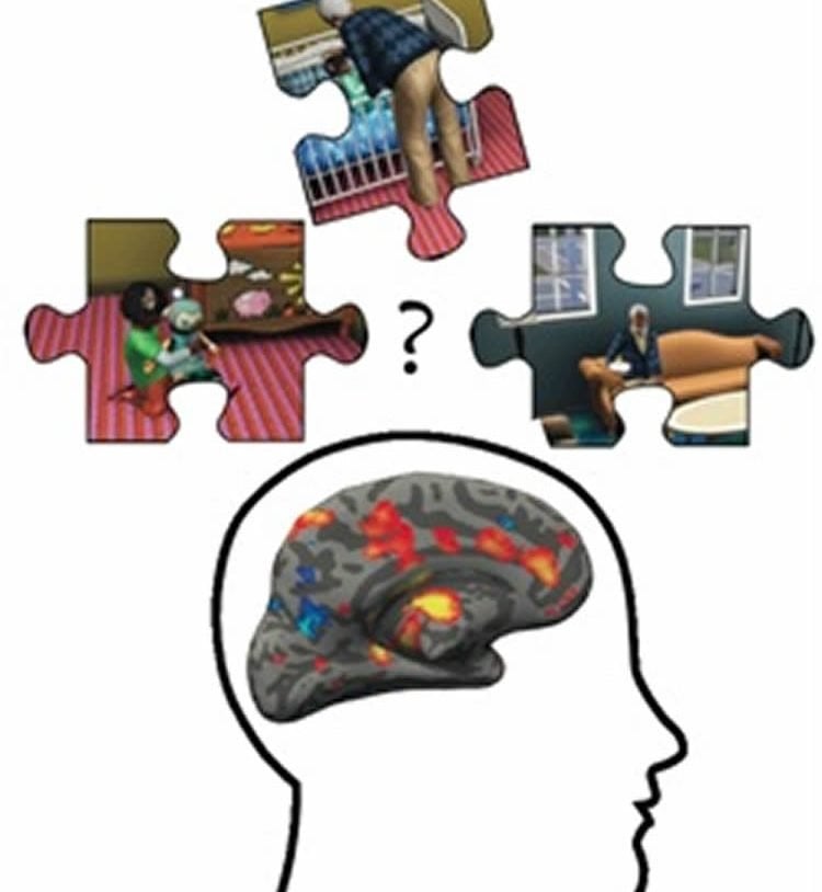 This image shows the outline of a head with an MRI brain image superimposed. Surrounding the head are some jig-saw pieces with scenes from the Sims in them.