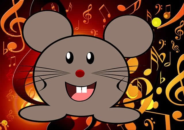 This shows a cartoon mouse set against a background of musical notes.