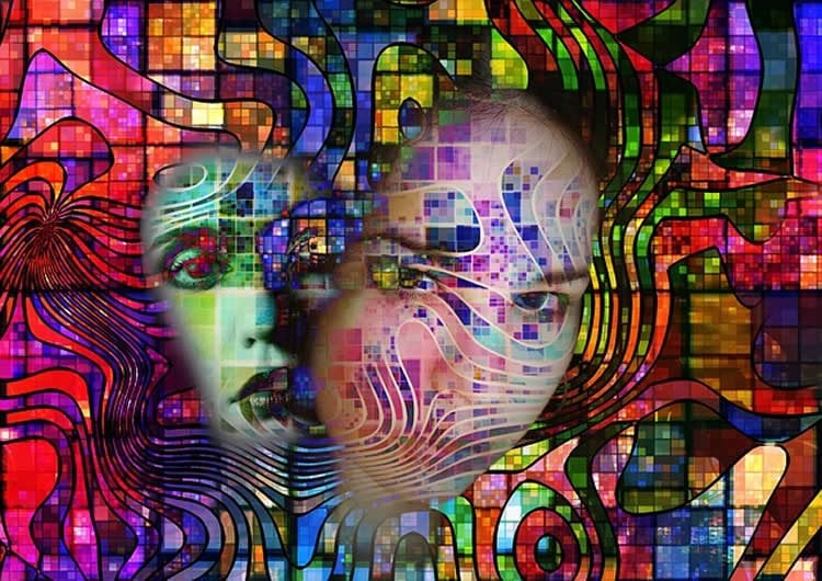 This shows a woman's face surrounded by colorful swirls.