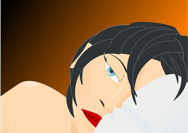 This image is a cartoon of a woman laying awake in bed.