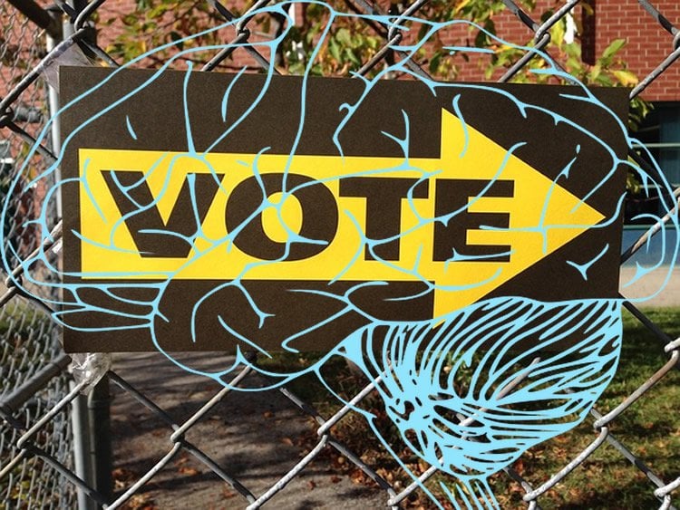 Image shows a voting sign with a blue brain drawing overlayed.