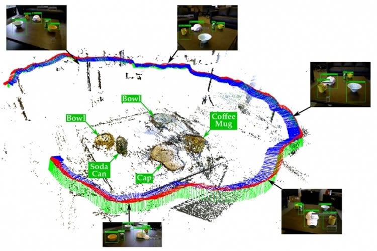 This image shows how the robot maps the environmant. Different objects, such as a bowl and a cap are labelled.