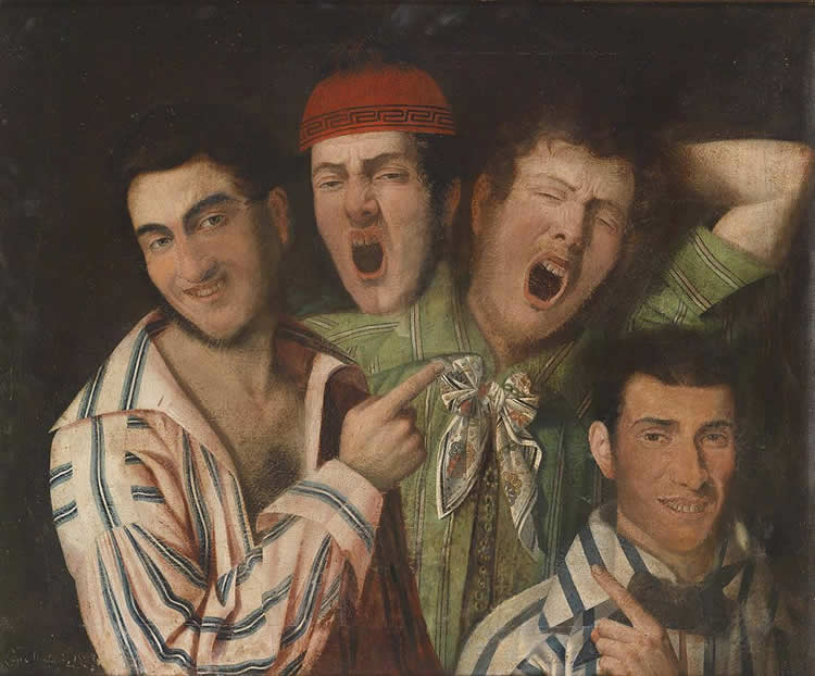 This is a painting of four people. Three are yawning.