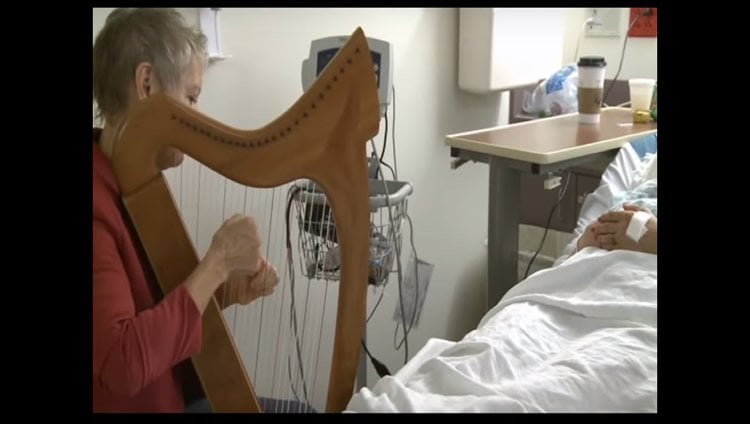 This image shows a woman playing a harp.