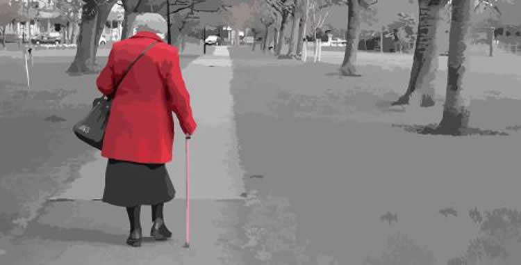 This image shows a old lady walking in a park.