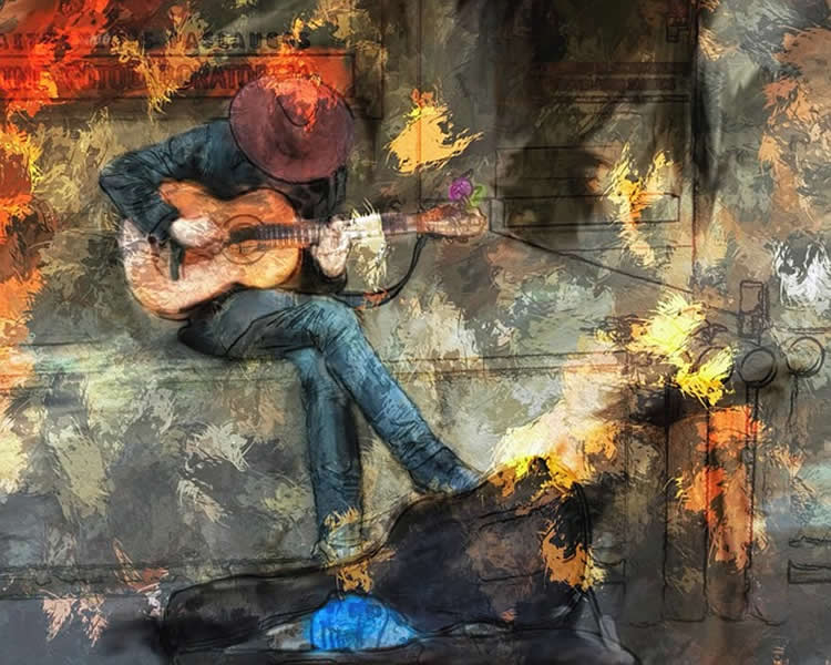 Colorful painting of a man playing a guitar.