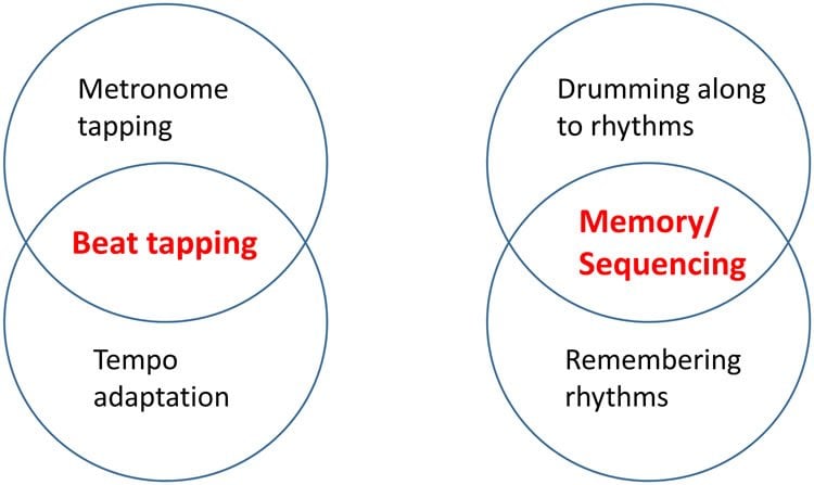 Image shows a schematic of hypothesized relationships between performance on Beat tapping and Memory/Sequencing tests.