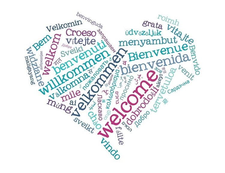 Image of a heart with the word Welcome written in different languages.