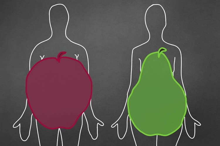 Drawings of women's bodies. One has an apple overlaided and the other a pear.