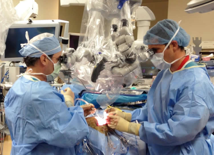 hoto shows researchers performing surgery.