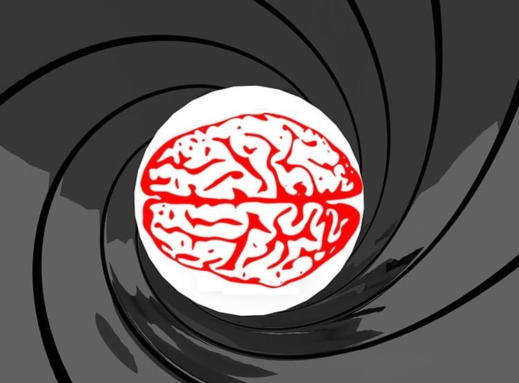 This image shows the iconic Bond gun barrel from the opening credits with a brain in the barrel view.