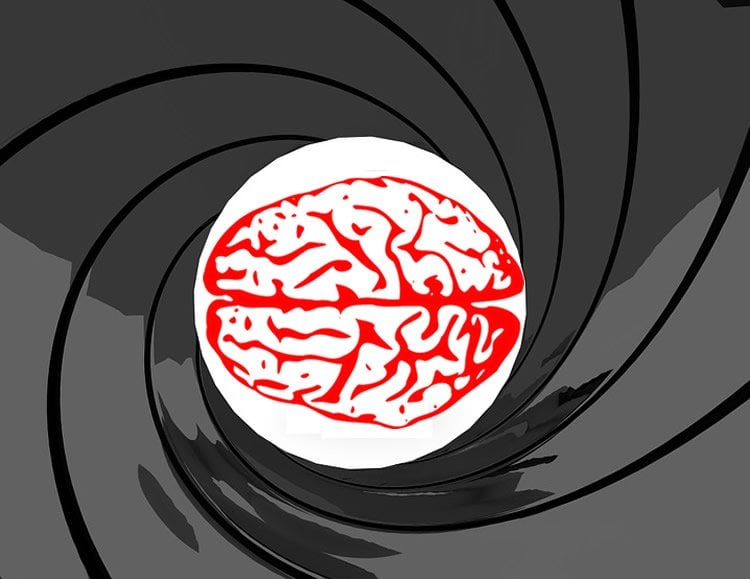 This image shows the iconic Bond gun barrel from the opening credits with a brain in the barrel view.