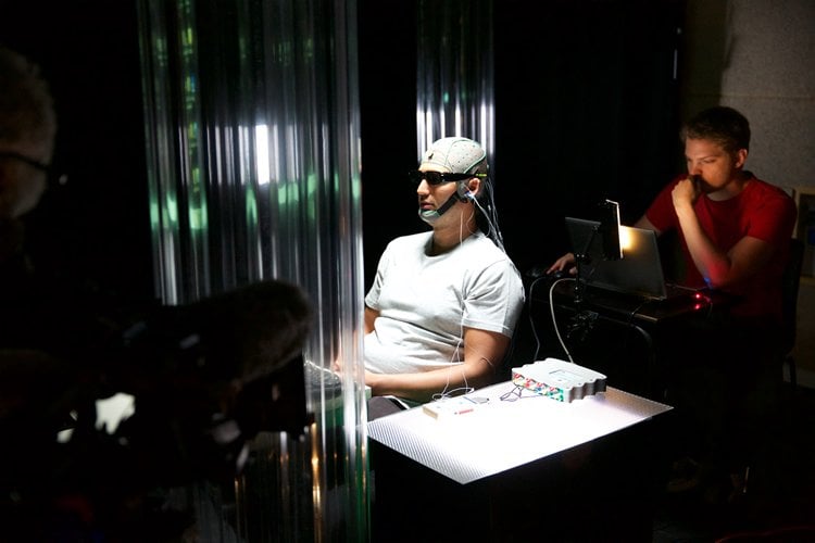 Jason Silva in an EEG cap.