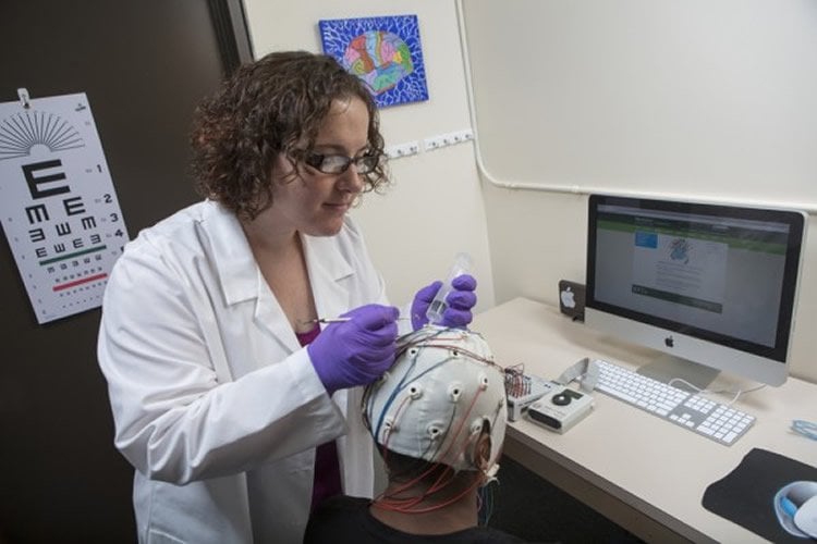 Image shows a the researcher putting an EEG onto a test subject.