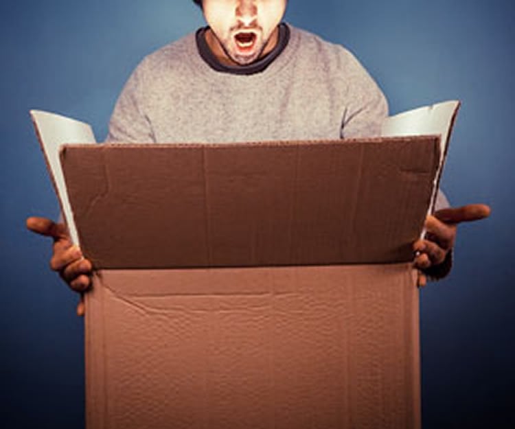 Image shows a man looking into a box.