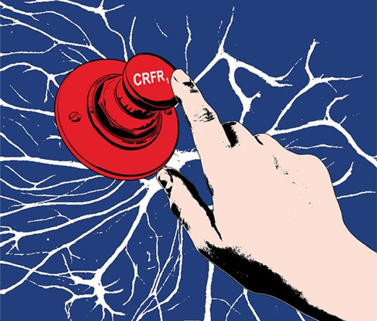Image shows a button with CRFR1 written on it.