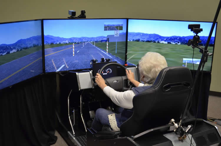 Infographic shows a person in the driving simulator.